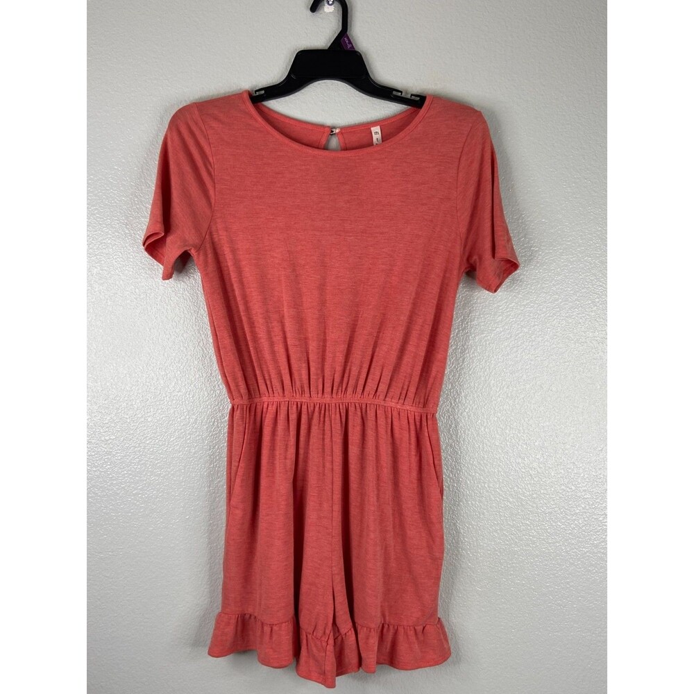 MTS Women Medium Coral Pink Romper Button Neck Casual Elastic Waist Summer Beach